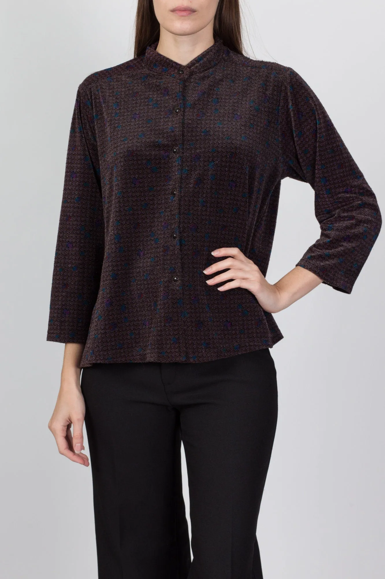 70s Nehru Collar Velour Top - Large
