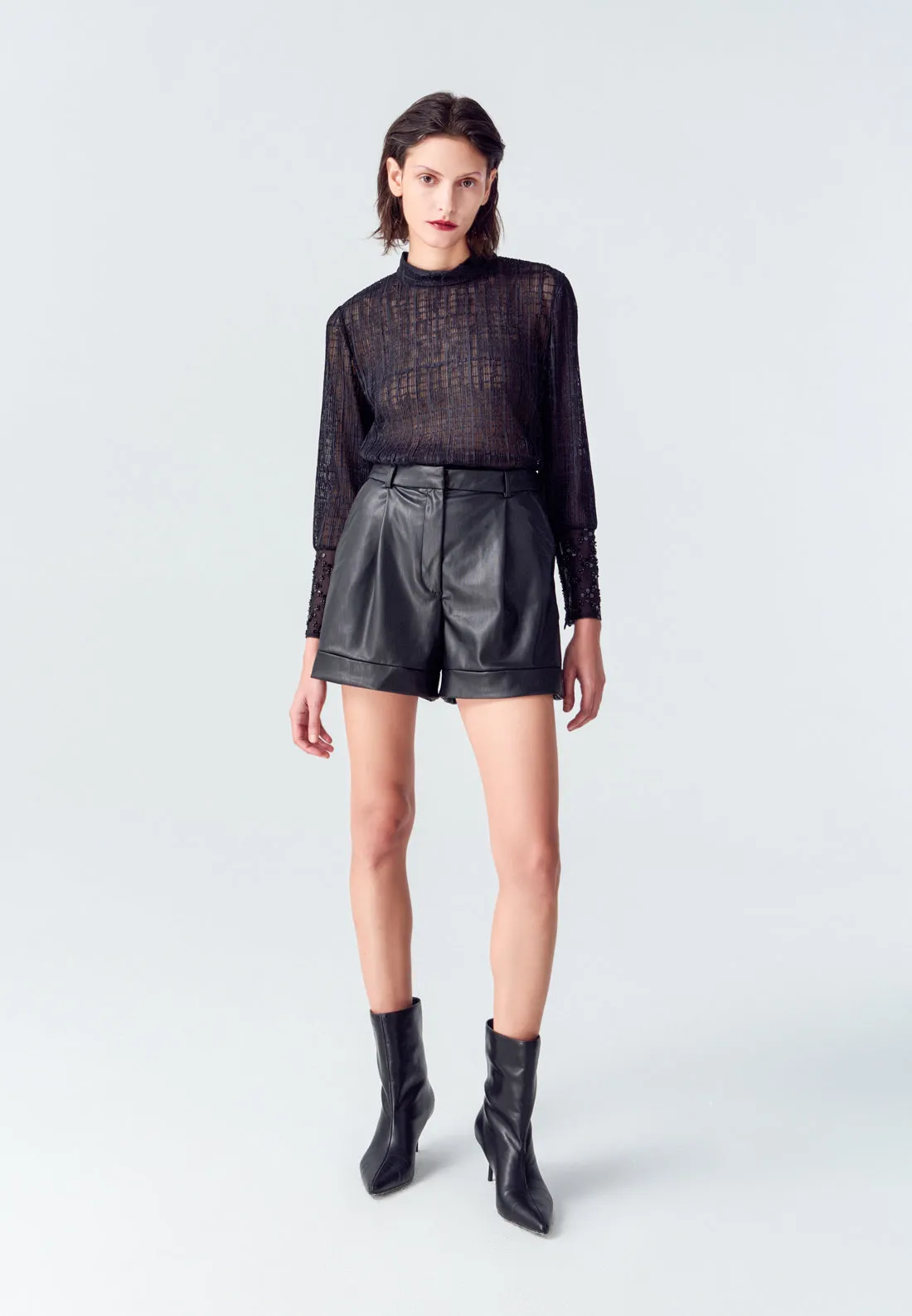 Black Stand Collar Pleated Blouse