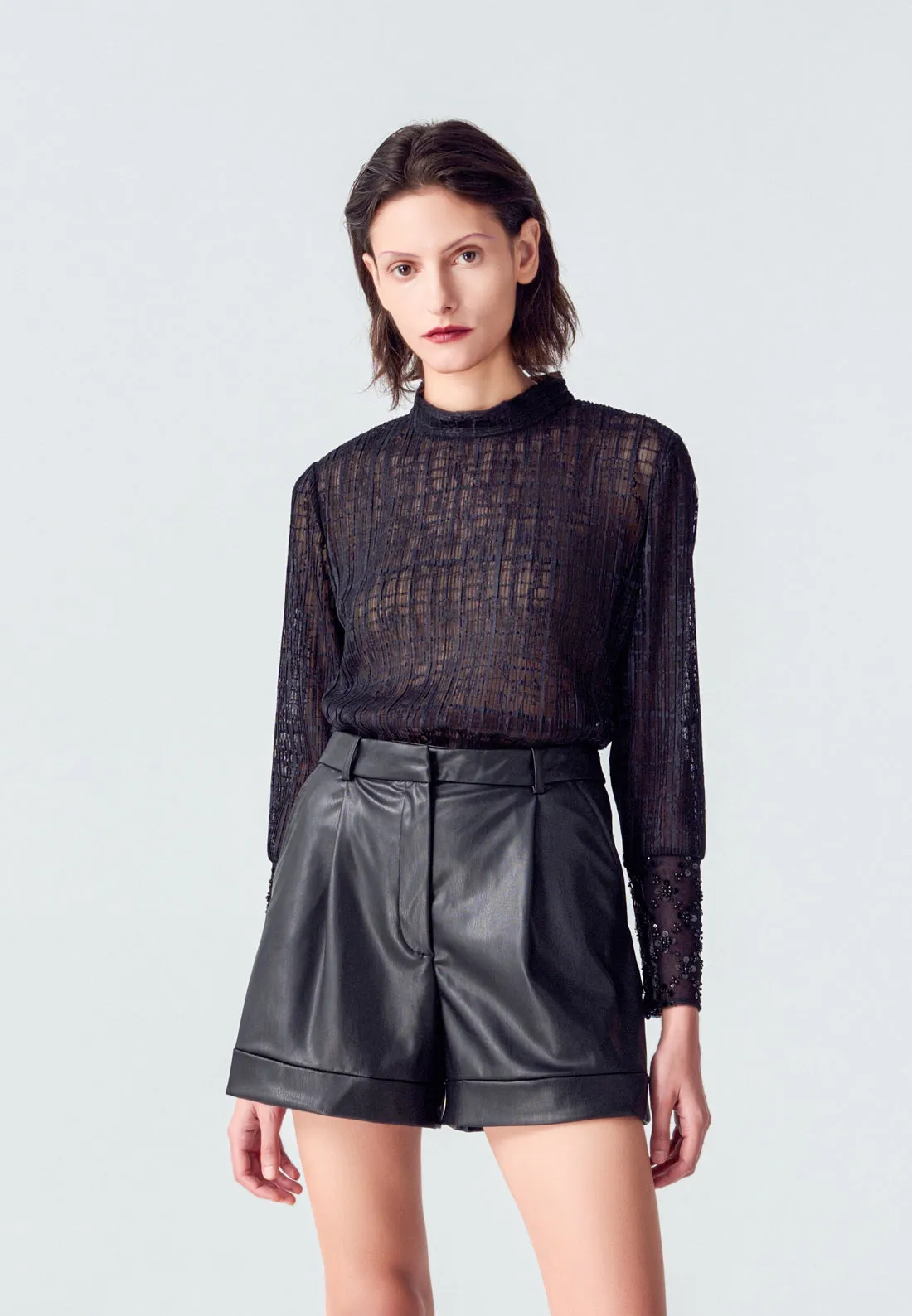 Black Stand Collar Pleated Blouse