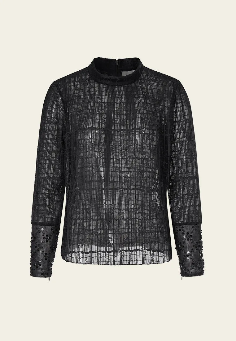 Black Stand Collar Pleated Blouse