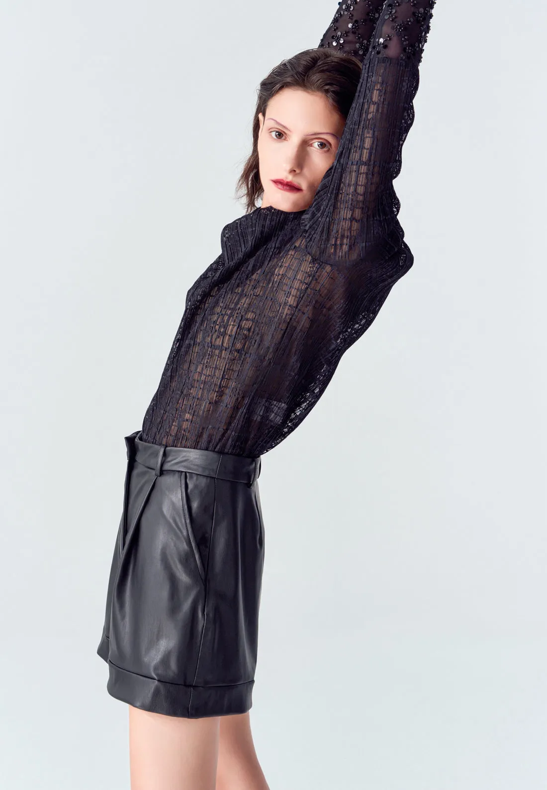 Black Stand Collar Pleated Blouse