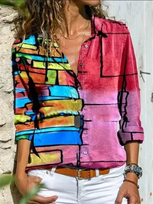 DressBetty - Printed Shirt Long Sleeve Loose Shirt Women's Casual Tops