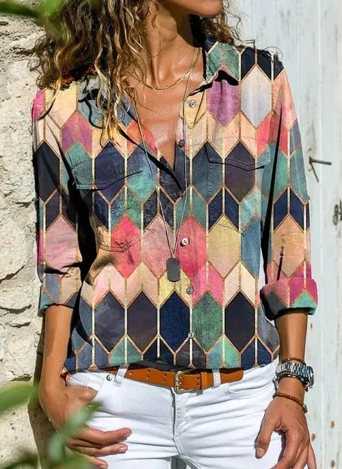 DressBetty - Printed Shirt Long Sleeve Loose Shirt Women's Casual Tops