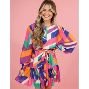 Fuchsia Abstract Printed Tie Waist Mini Dress