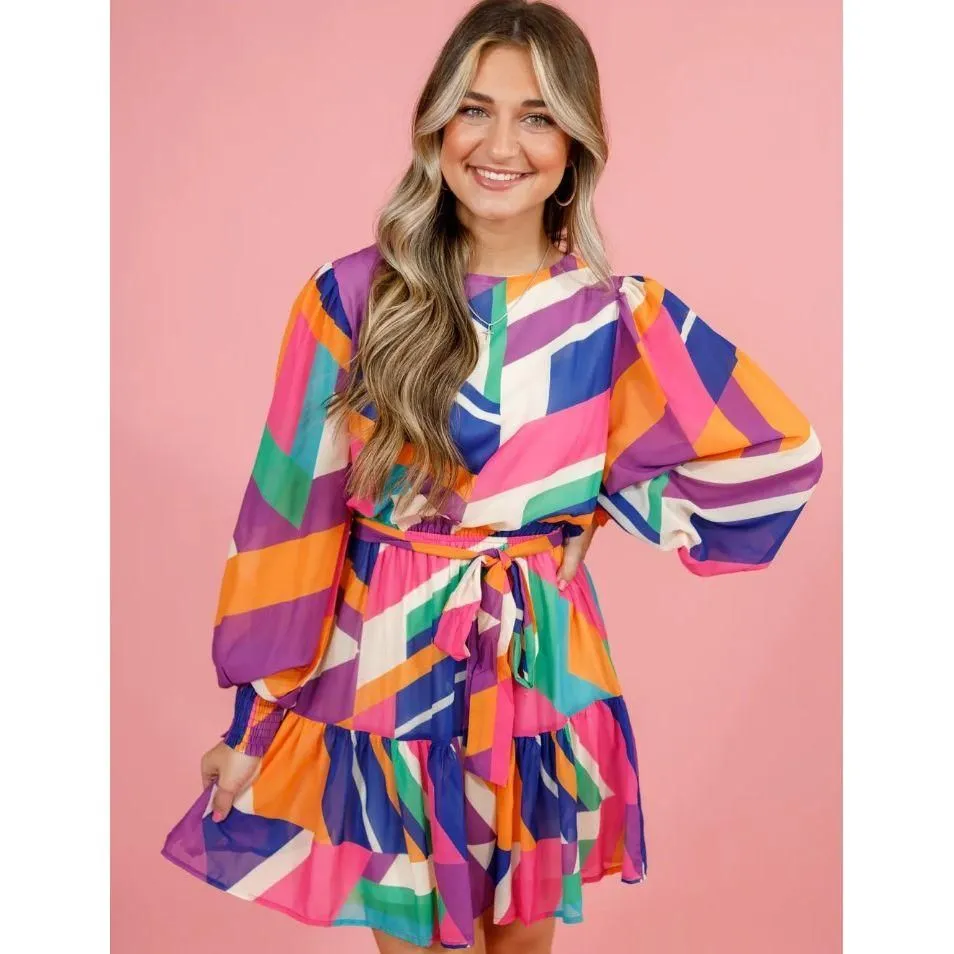 Fuchsia Abstract Printed Tie Waist Mini Dress