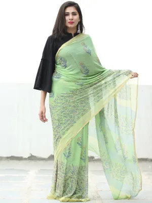 Light Green Grey Hand Block Printed Chiffon Saree with Zari Border - S031703947