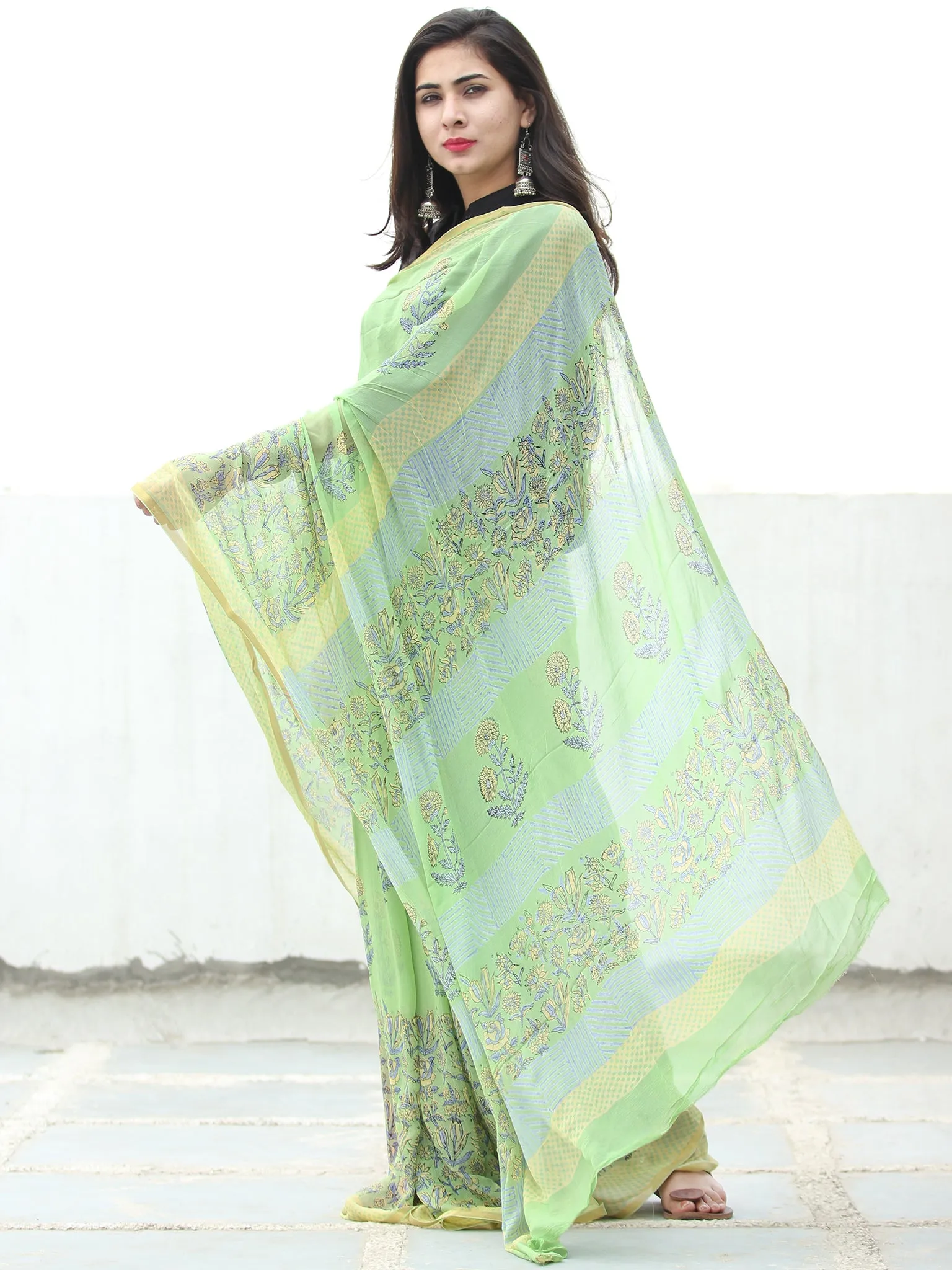Light Green Grey Hand Block Printed Chiffon Saree with Zari Border - S031703947