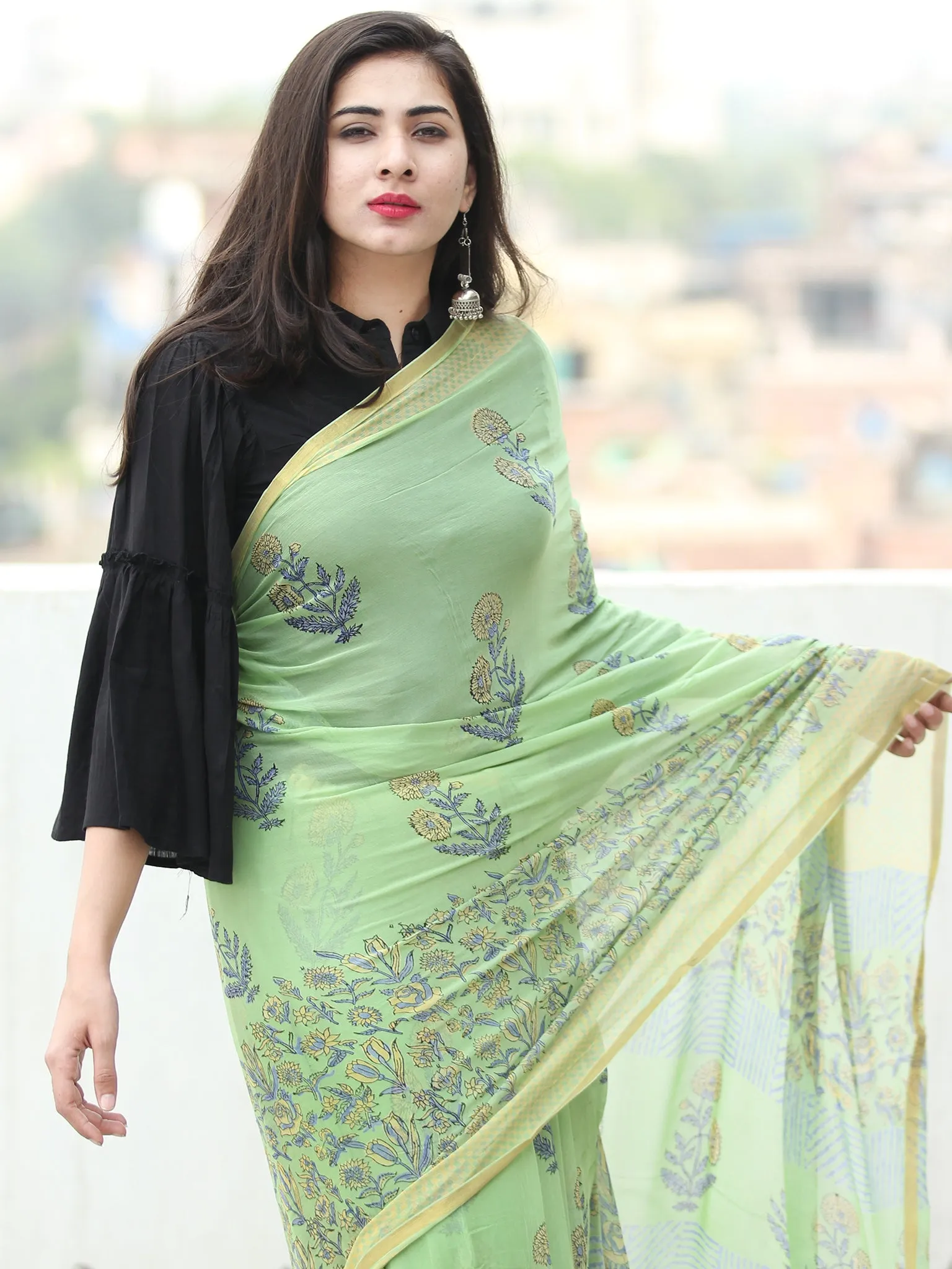 Light Green Grey Hand Block Printed Chiffon Saree with Zari Border - S031703947