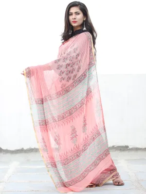 Peach Red Green Hand Block Printed Chiffon Saree with Zari Border - S031703945