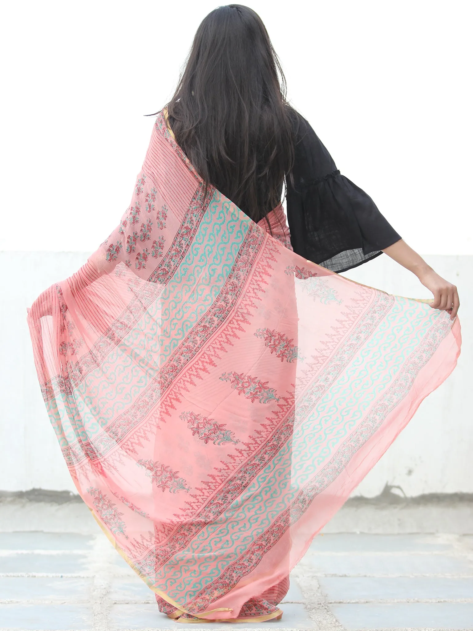 Peach Red Green Hand Block Printed Chiffon Saree with Zari Border - S031703945