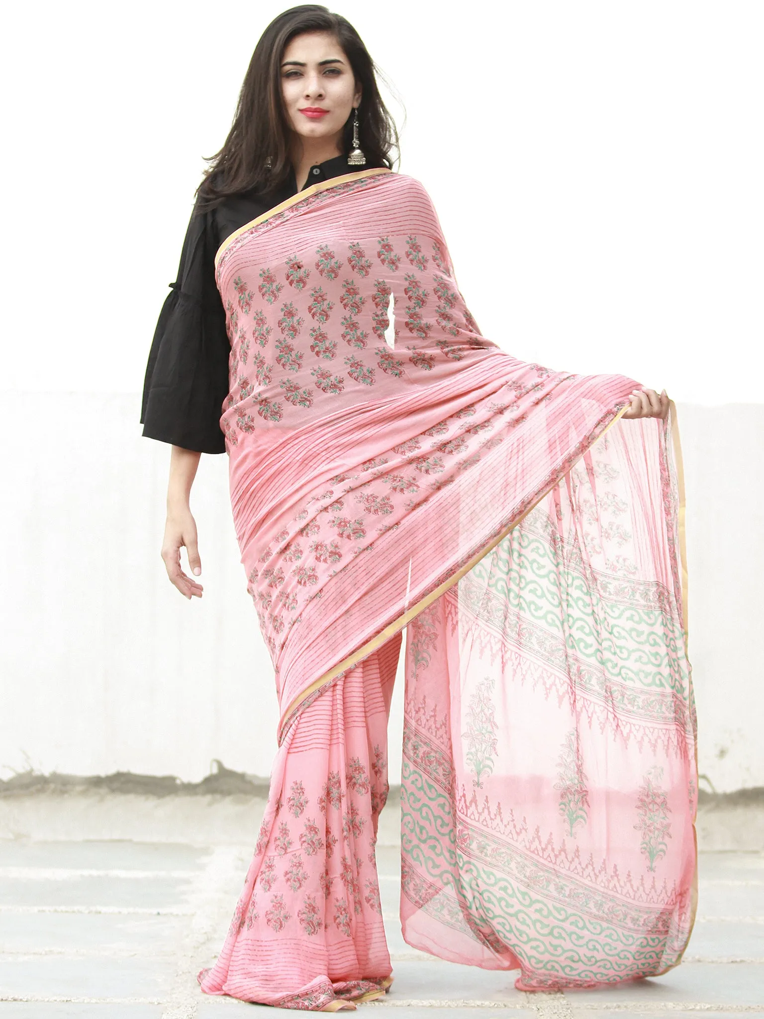 Peach Red Green Hand Block Printed Chiffon Saree with Zari Border - S031703945