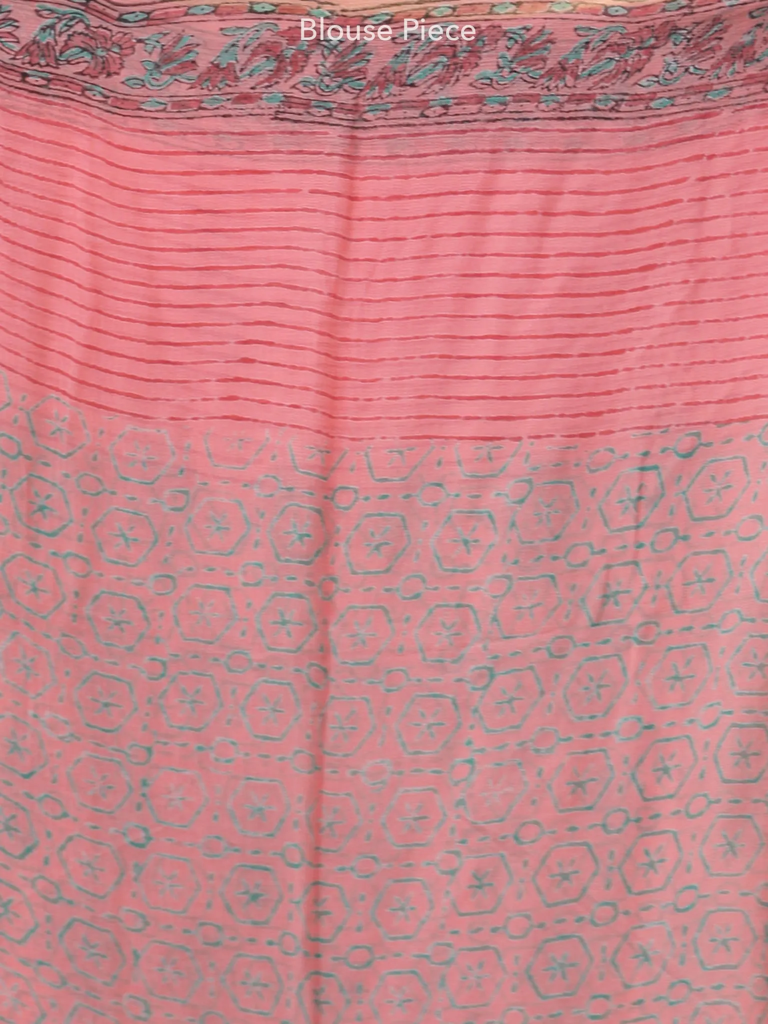 Peach Red Green Hand Block Printed Chiffon Saree with Zari Border - S031703945