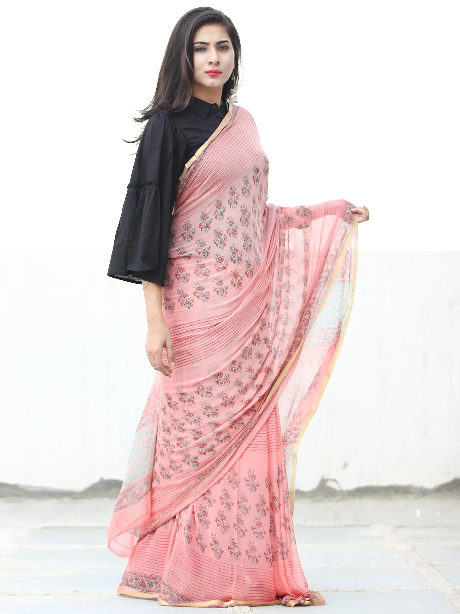 Peach Red Green Hand Block Printed Chiffon Saree with Zari Border - S031703945