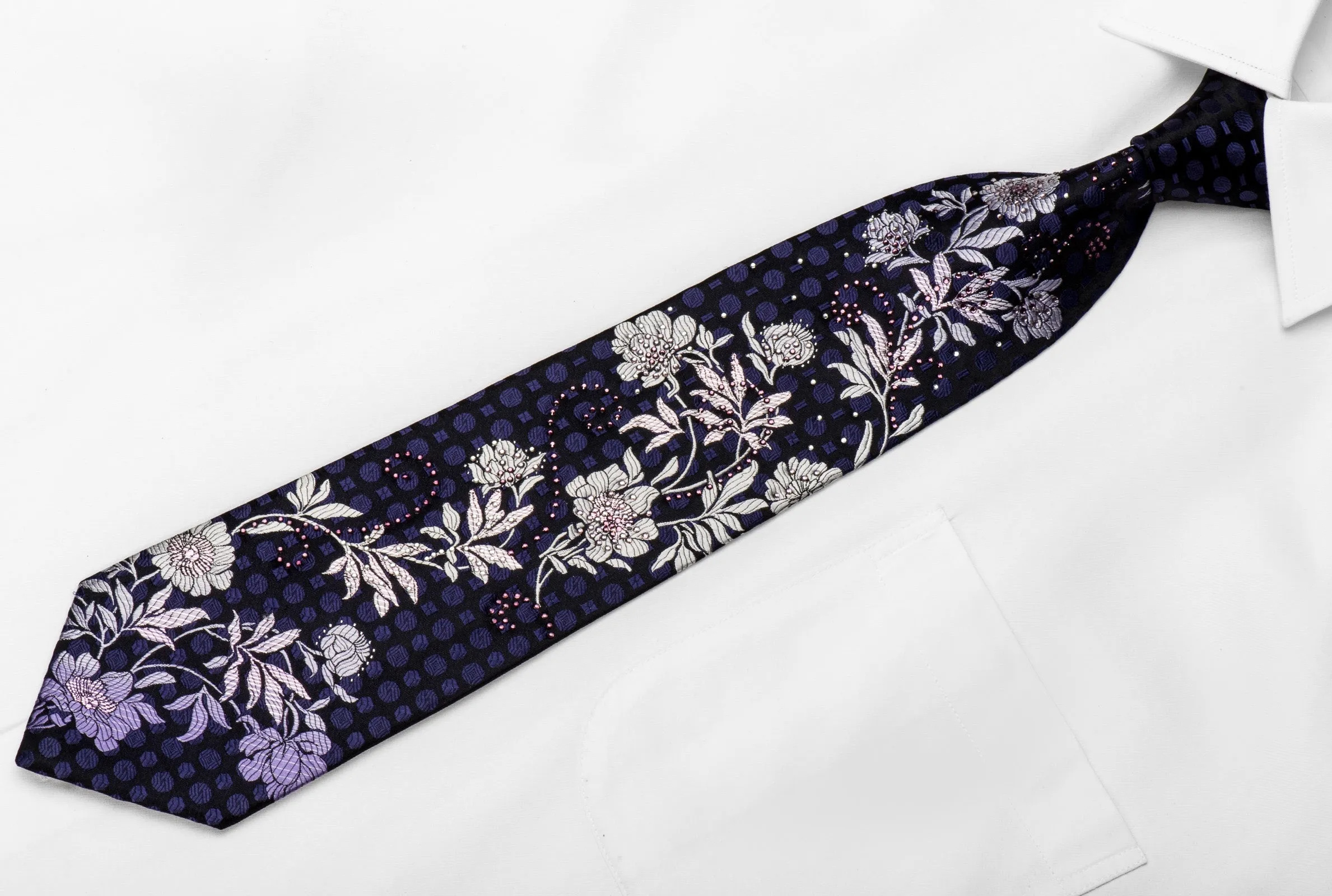 Perry Ellis Men's Crystal Silk Necktie Floral On Navy With Silver Sparkles