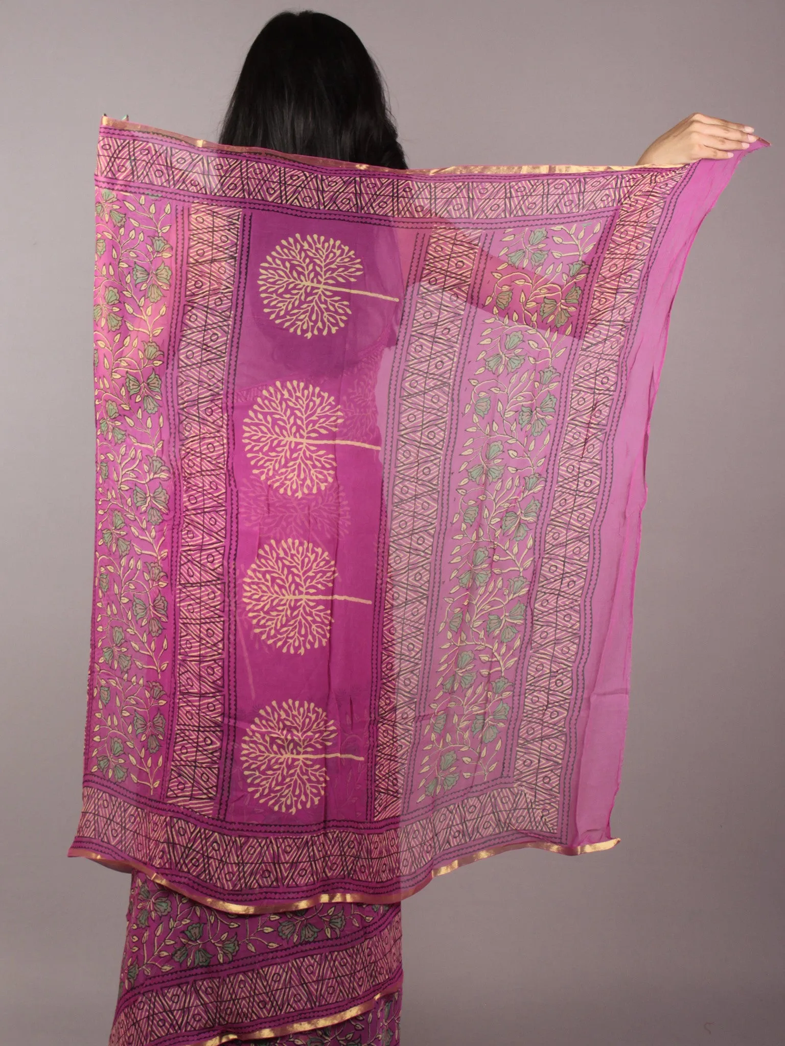 Pink Light Yellow Green Hand Block Printed Chiffon Saree - S031701858