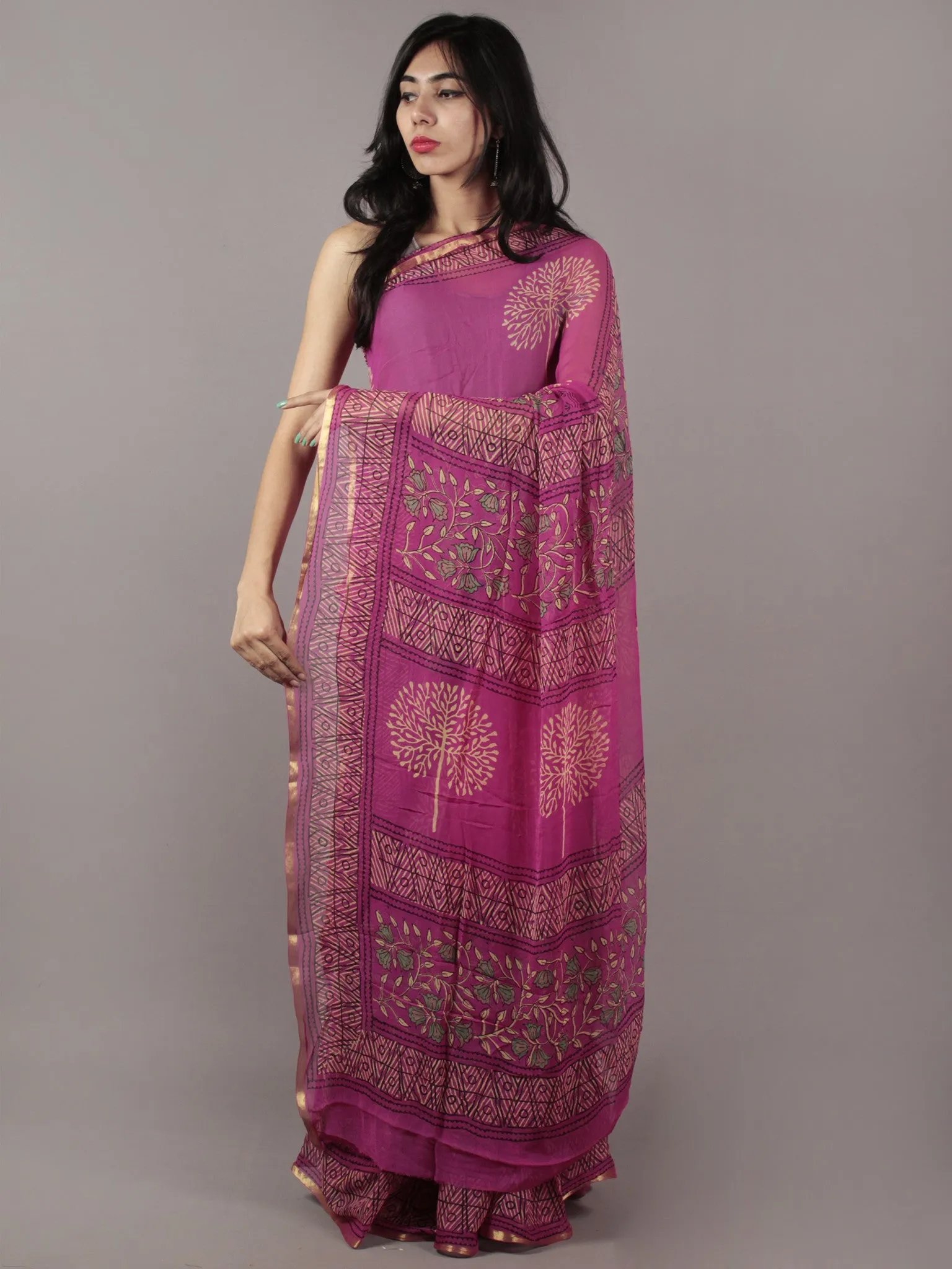 Pink Light Yellow Green Hand Block Printed Chiffon Saree - S031701858