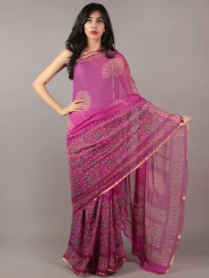 Pink Light Yellow Green Hand Block Printed Chiffon Saree - S031701858