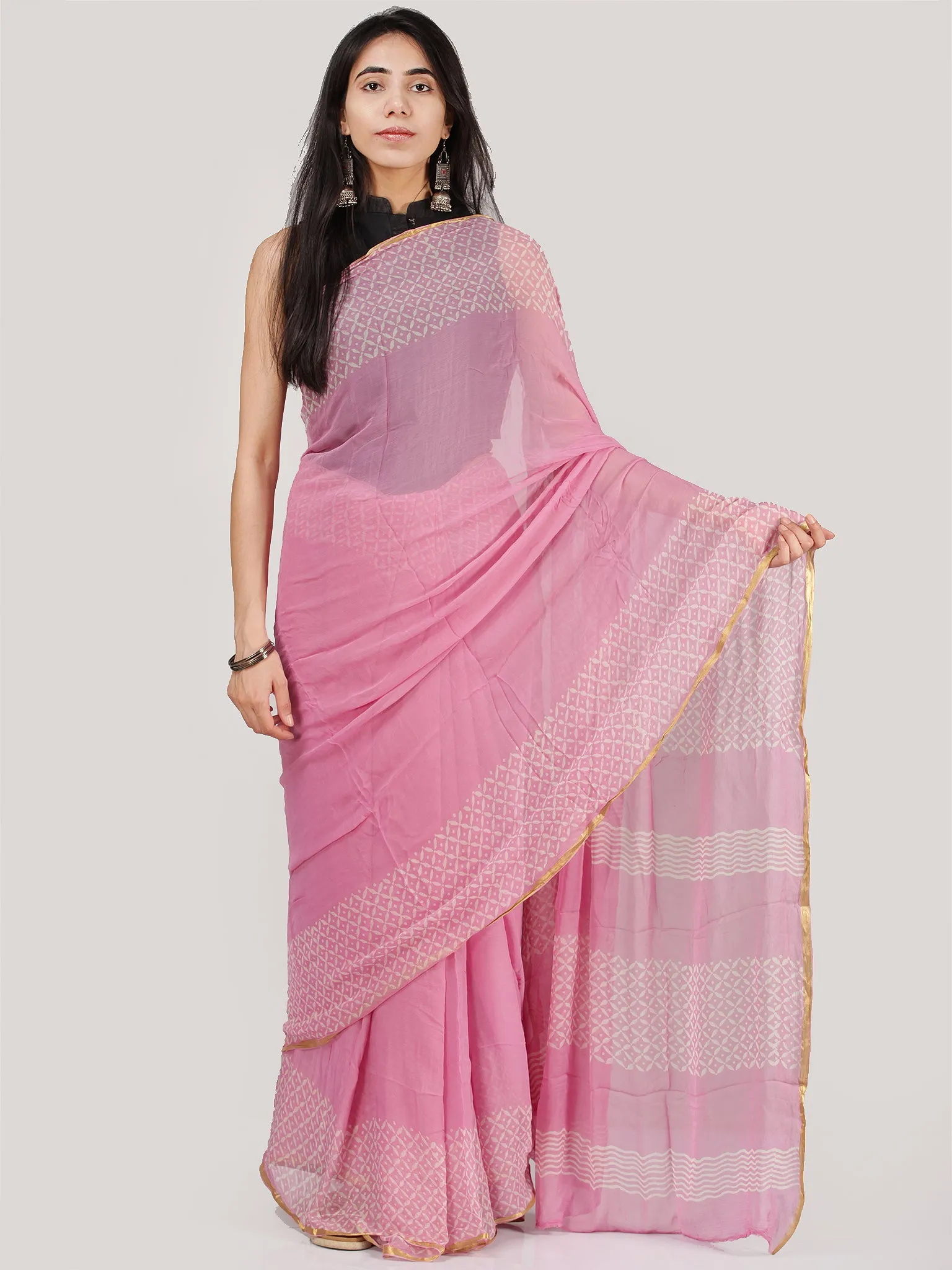 Pink OffWhite Hand Block Printed Chiffon Saree With Zari Border - S031704698