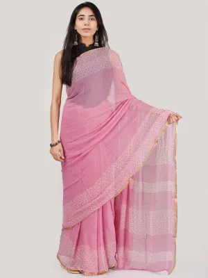 Pink OffWhite Hand Block Printed Chiffon Saree With Zari Border - S031704698