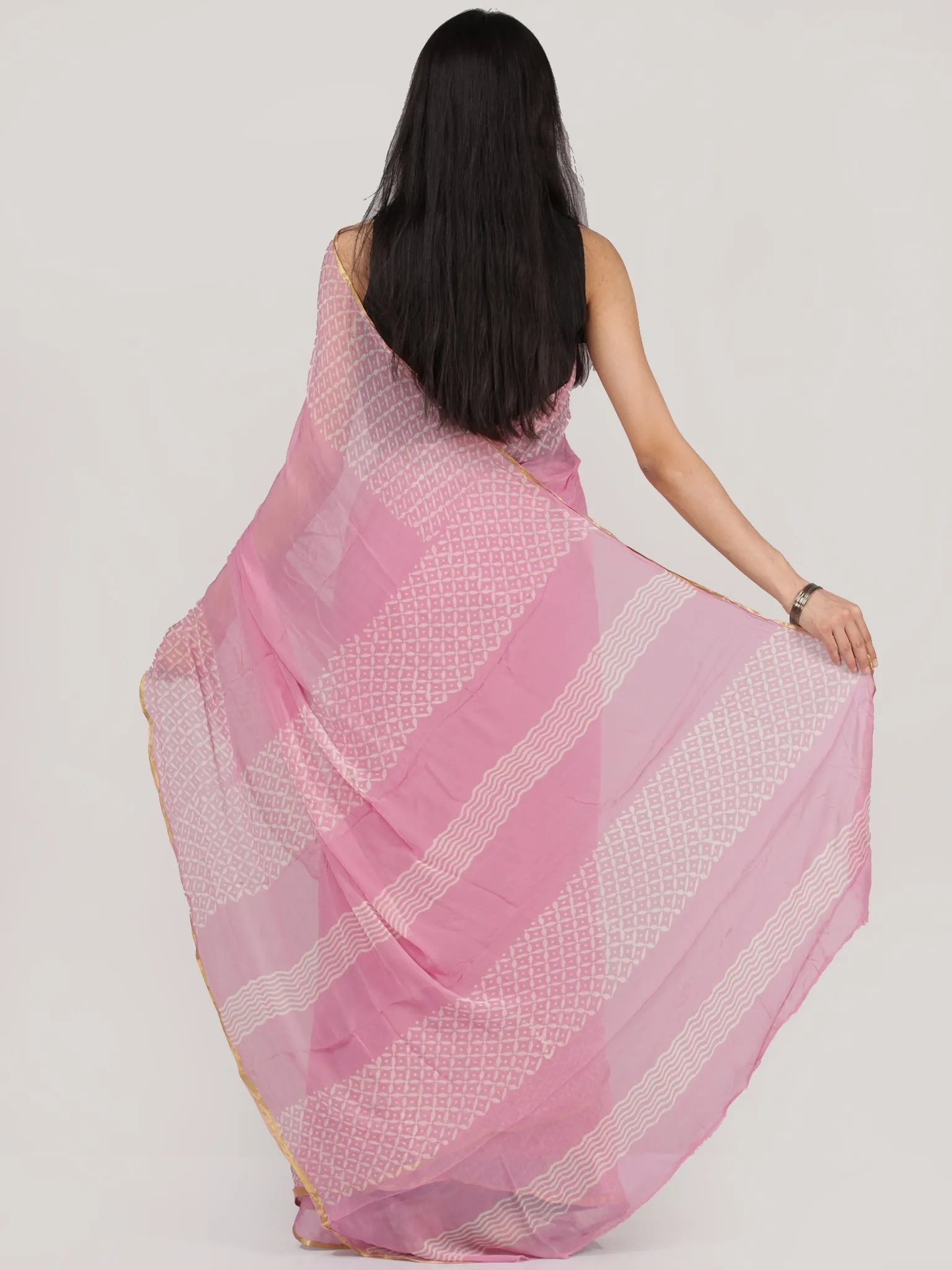Pink OffWhite Hand Block Printed Chiffon Saree With Zari Border - S031704698