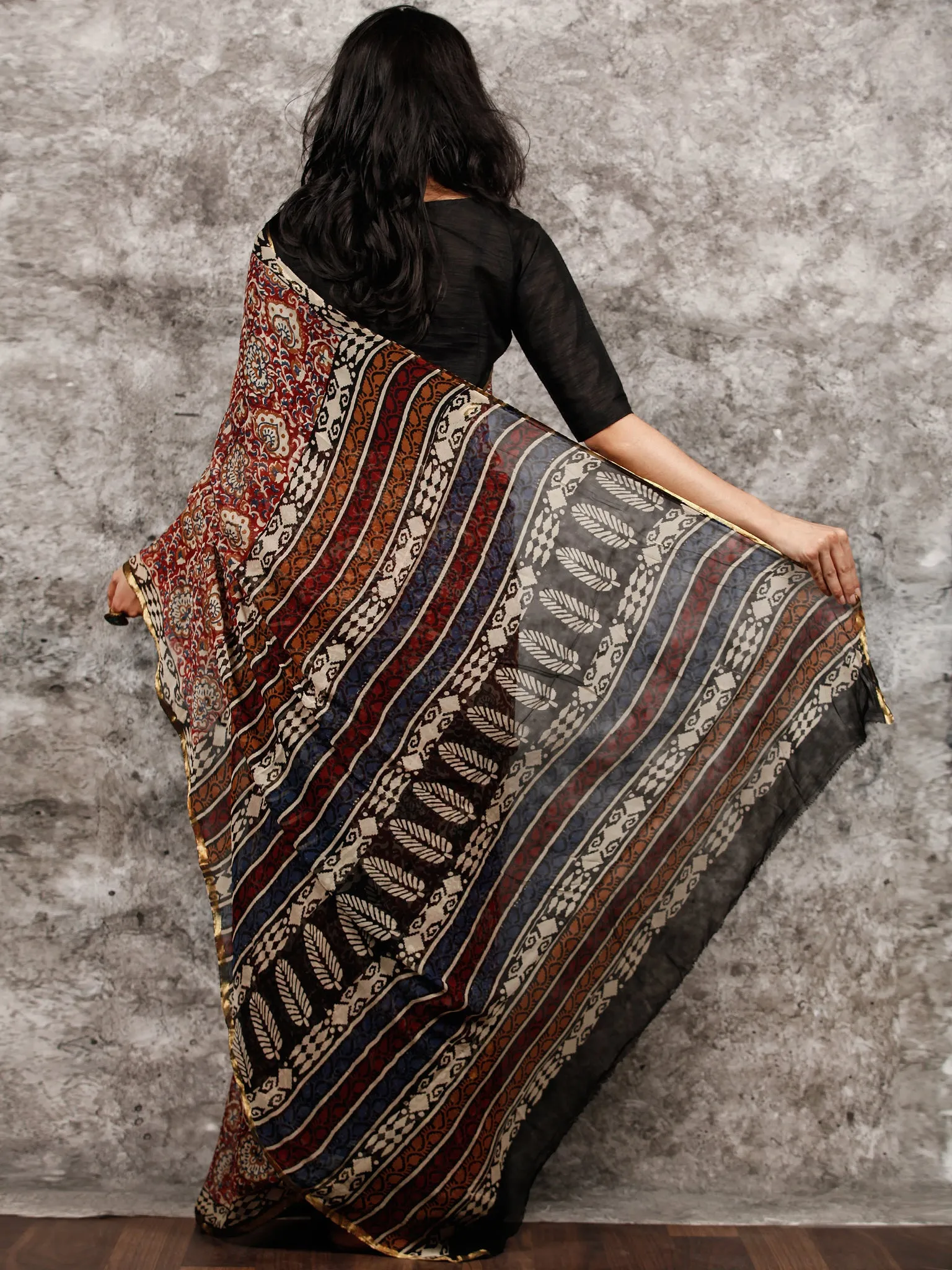 Red Beige Blue Black Hand Block Printed Chiffon Saree with Zari Border - S031703487