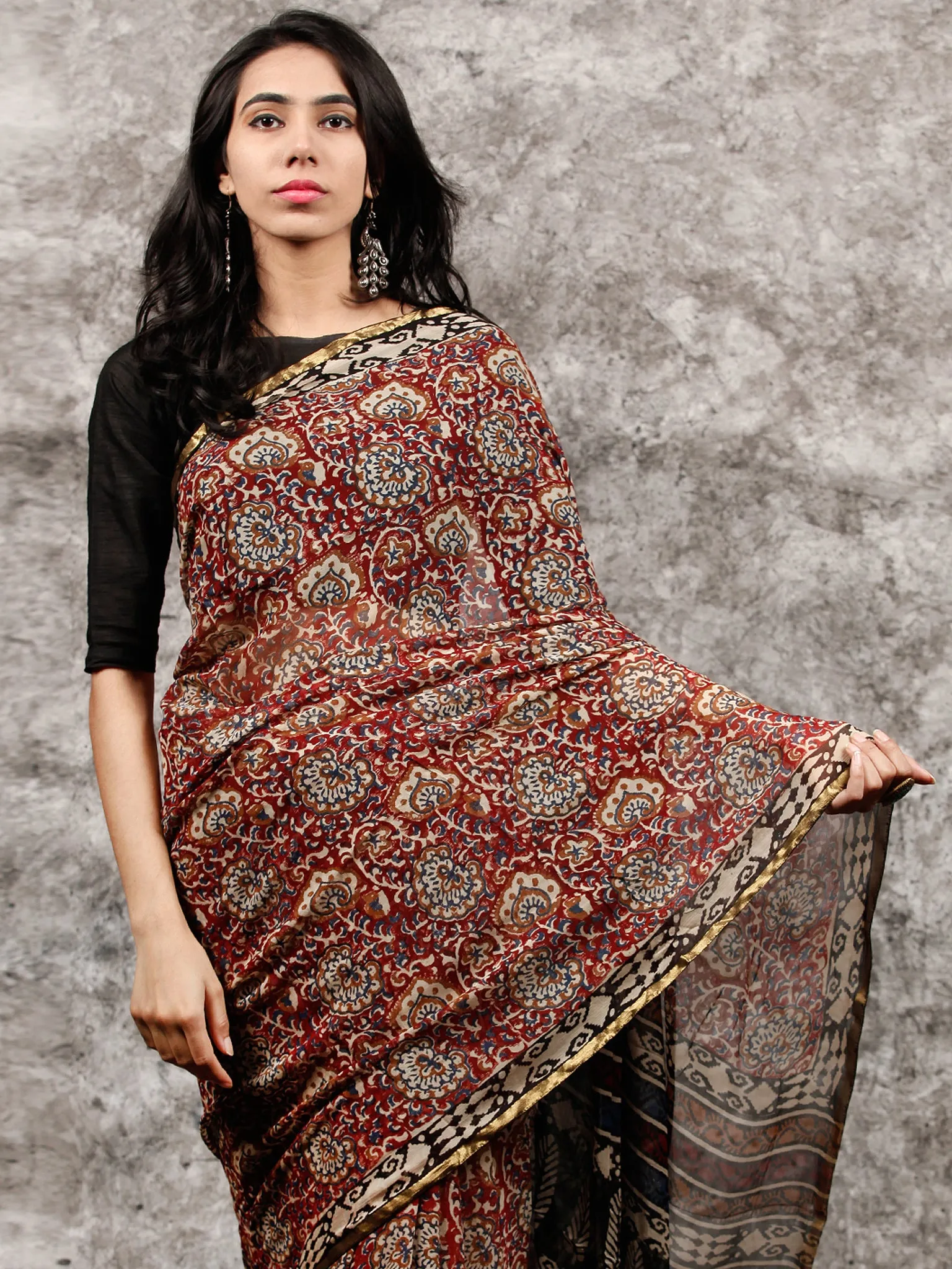 Red Beige Blue Black Hand Block Printed Chiffon Saree with Zari Border - S031703487