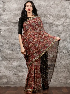 Red Beige Blue Black Hand Block Printed Chiffon Saree with Zari Border - S031703487