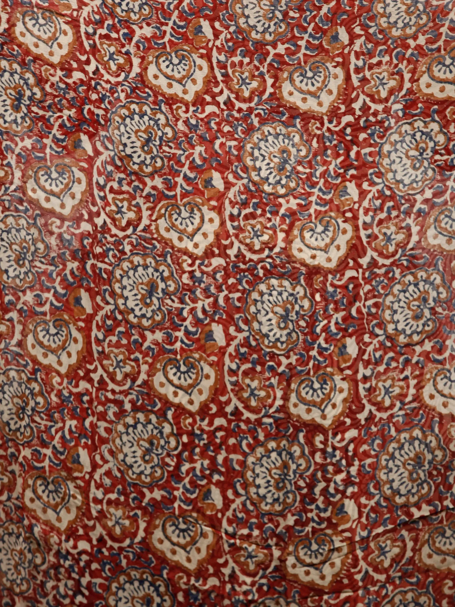Red Beige Blue Black Hand Block Printed Chiffon Saree with Zari Border - S031703487
