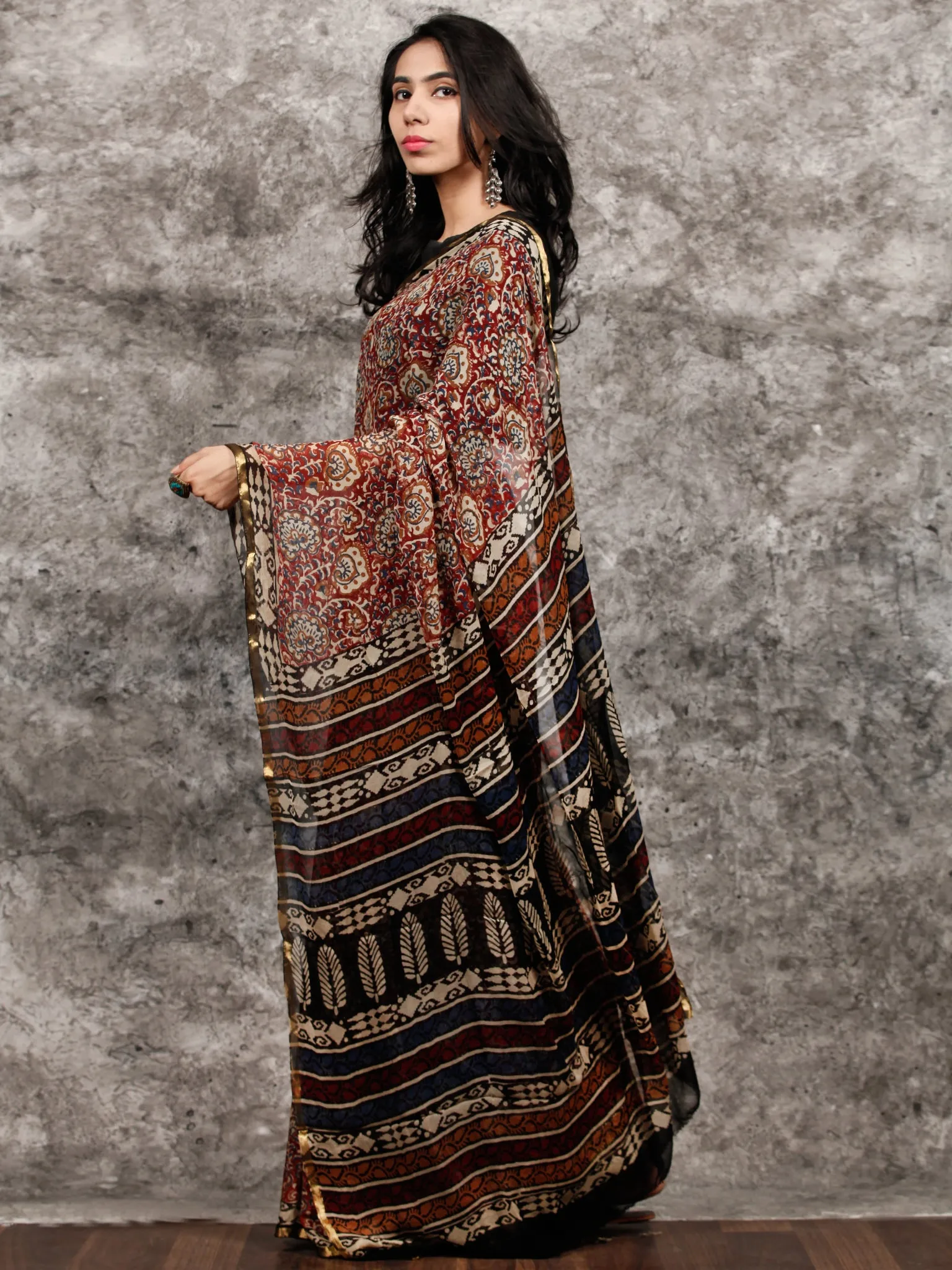 Red Beige Blue Black Hand Block Printed Chiffon Saree with Zari Border - S031703487