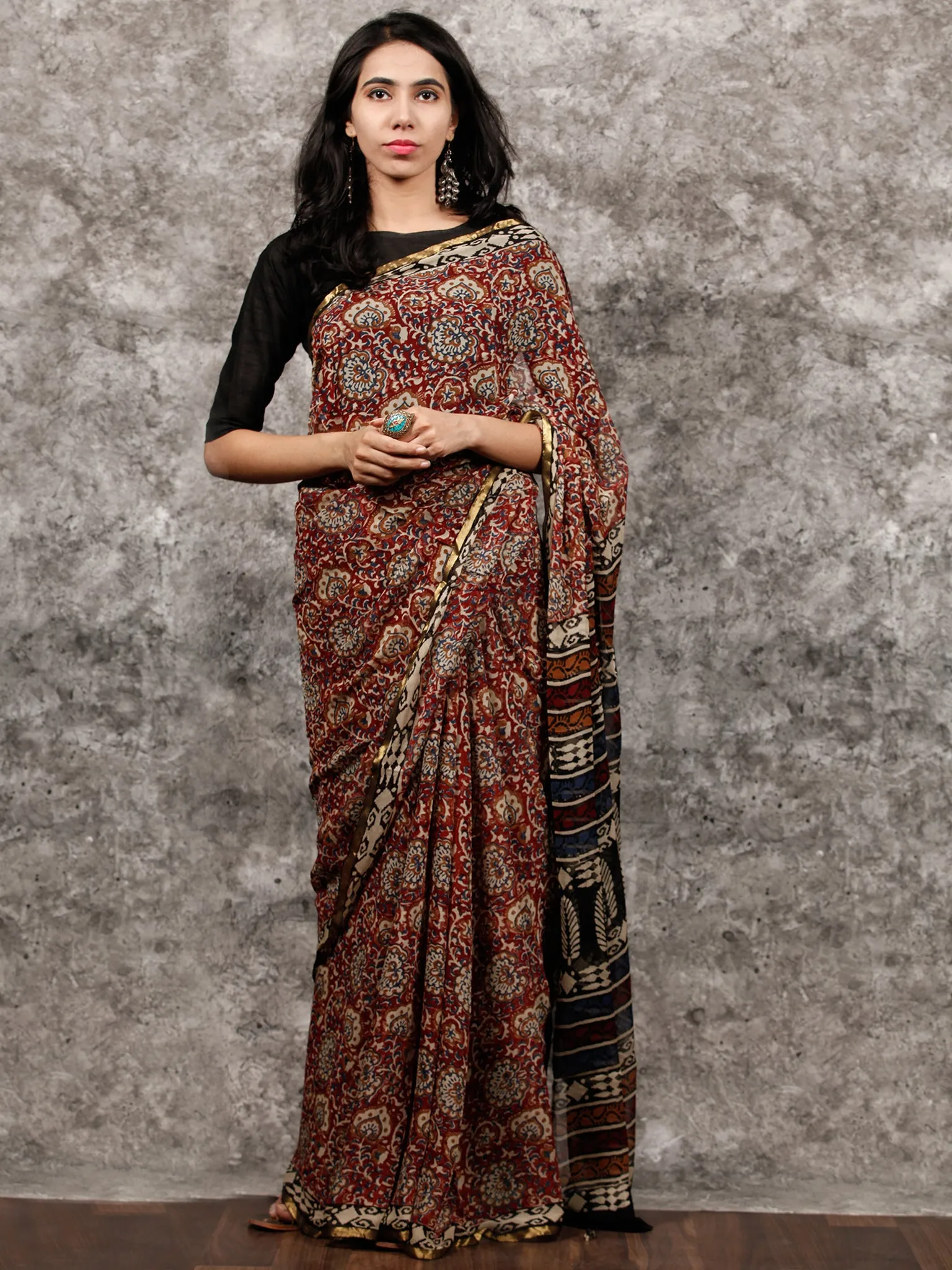 Red Beige Blue Black Hand Block Printed Chiffon Saree with Zari Border - S031703487
