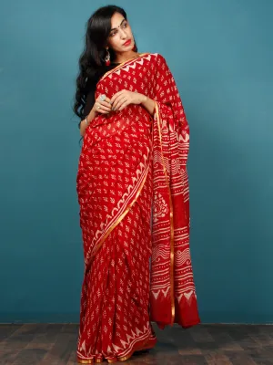 Red White Hand Block Printed Chiffon Saree with Zari Border - S031702802