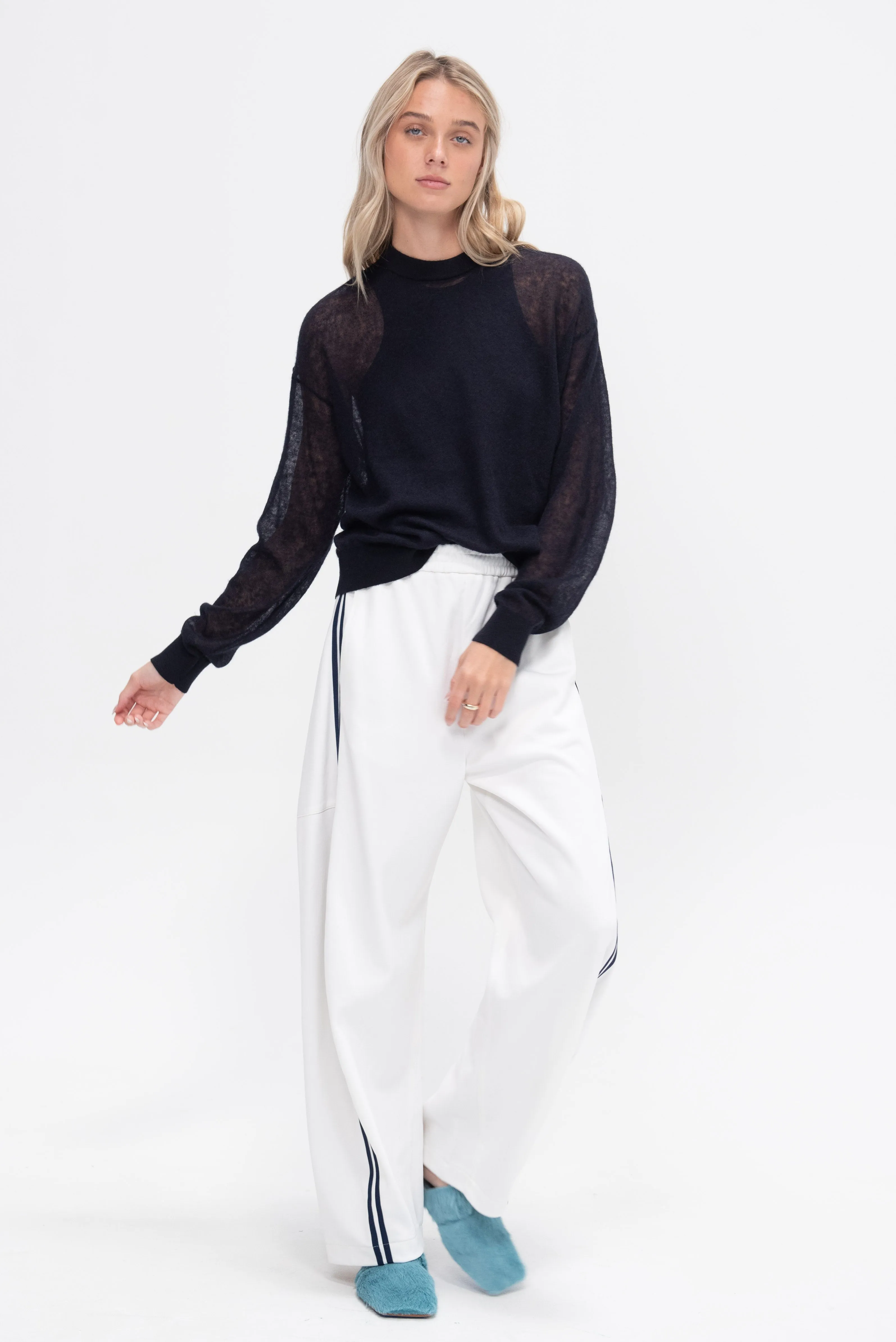 Sheer Sweater Crewneck Easy Pullover, Dark Navy
