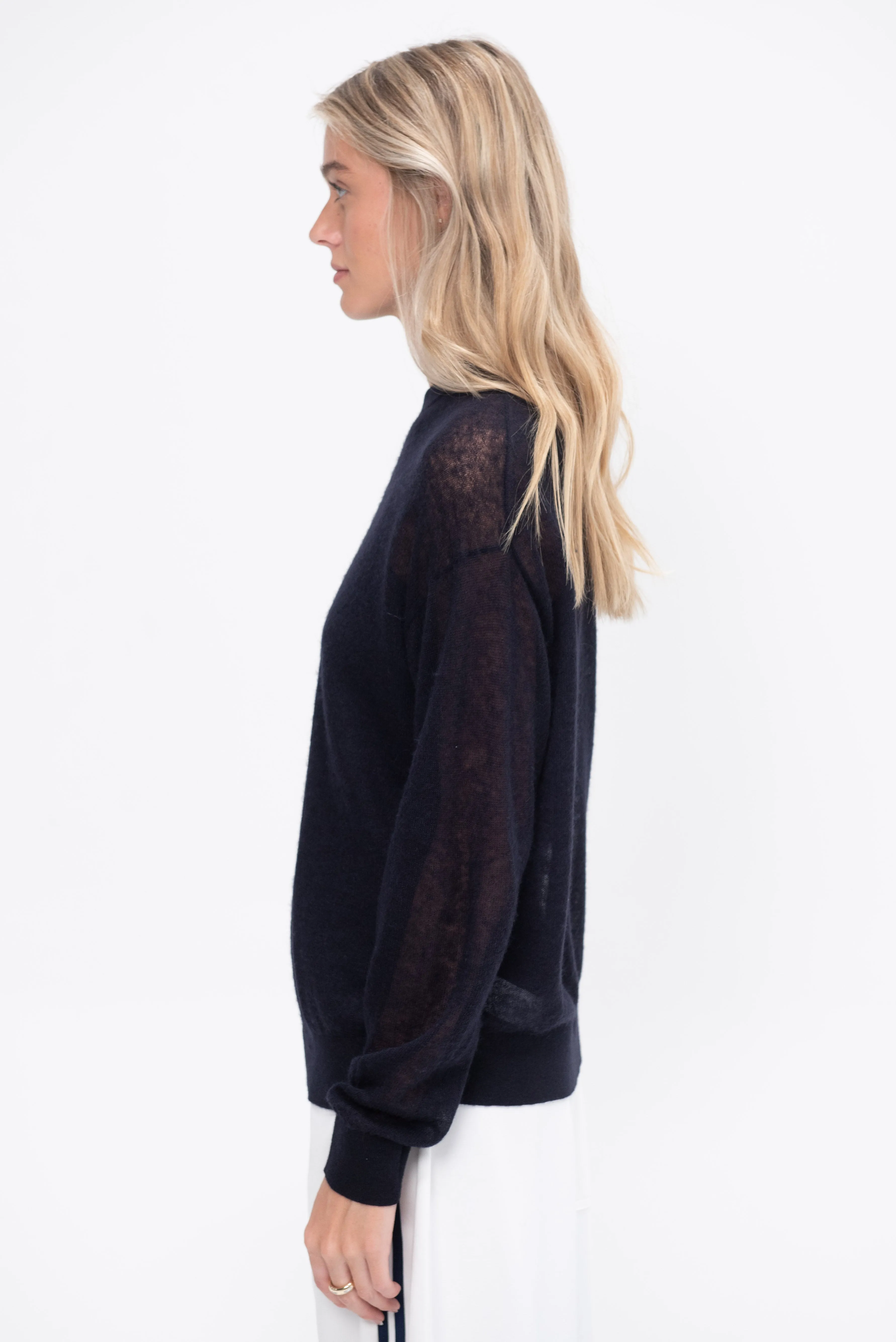 Sheer Sweater Crewneck Easy Pullover, Dark Navy