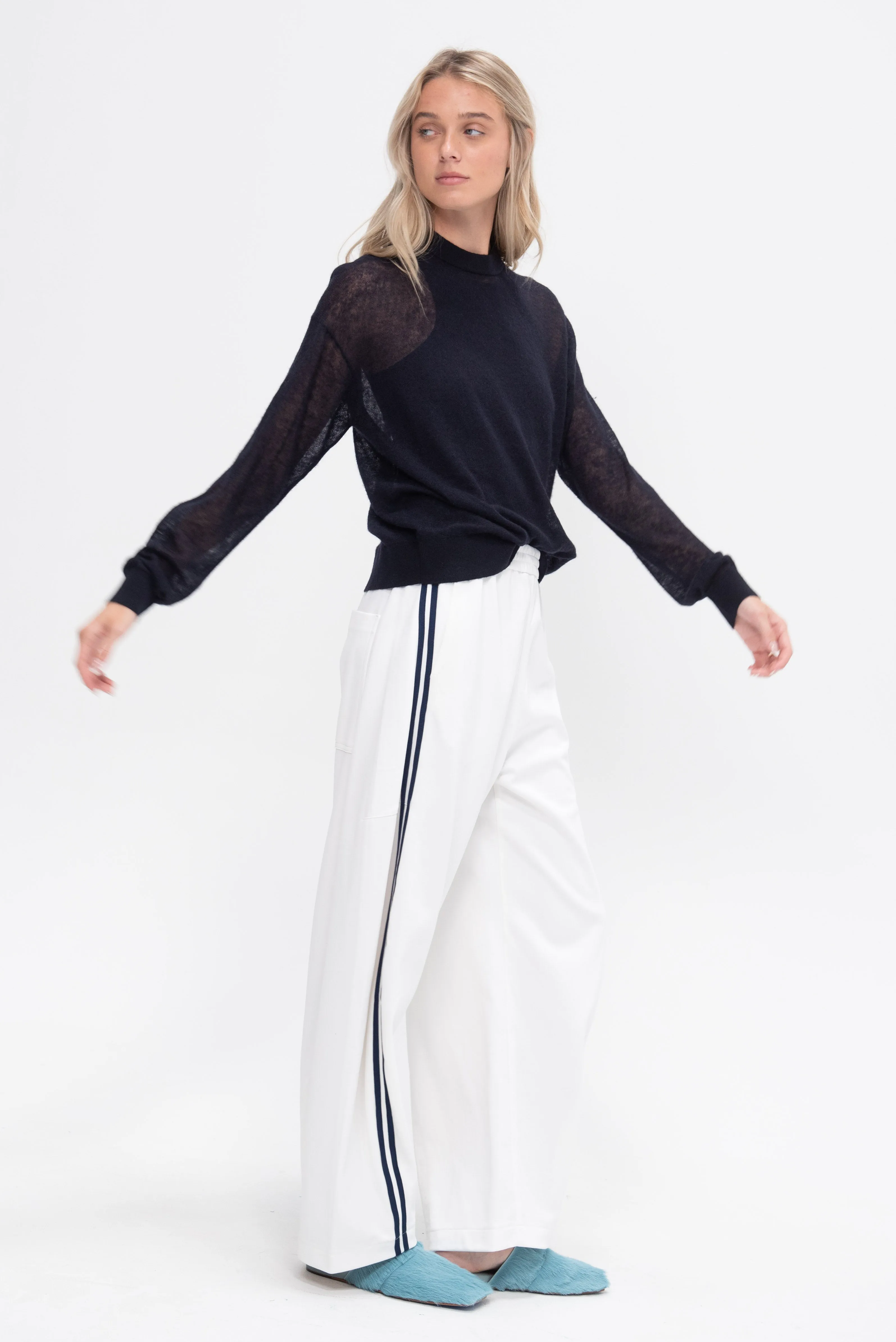 Sheer Sweater Crewneck Easy Pullover, Dark Navy