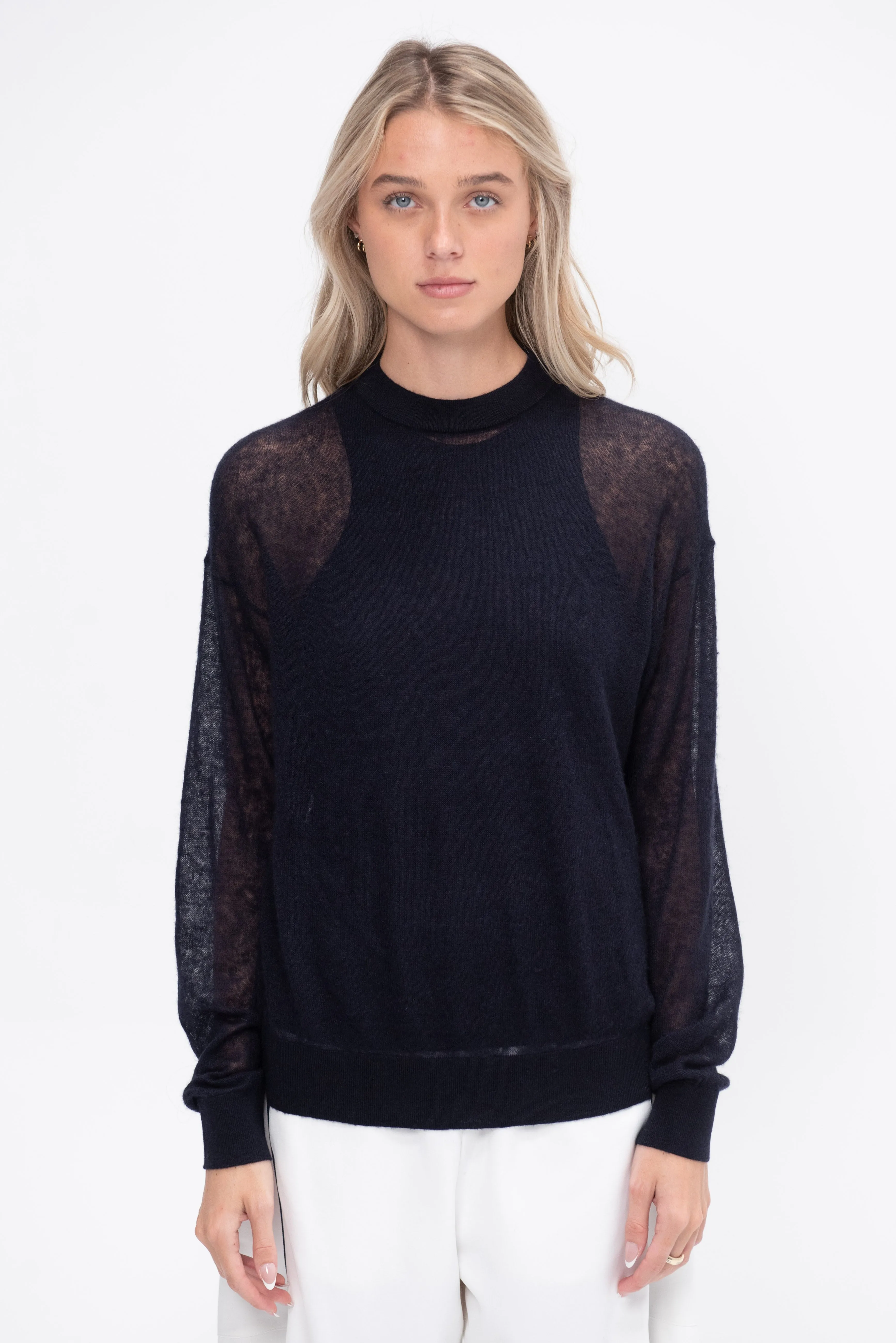 Sheer Sweater Crewneck Easy Pullover, Dark Navy