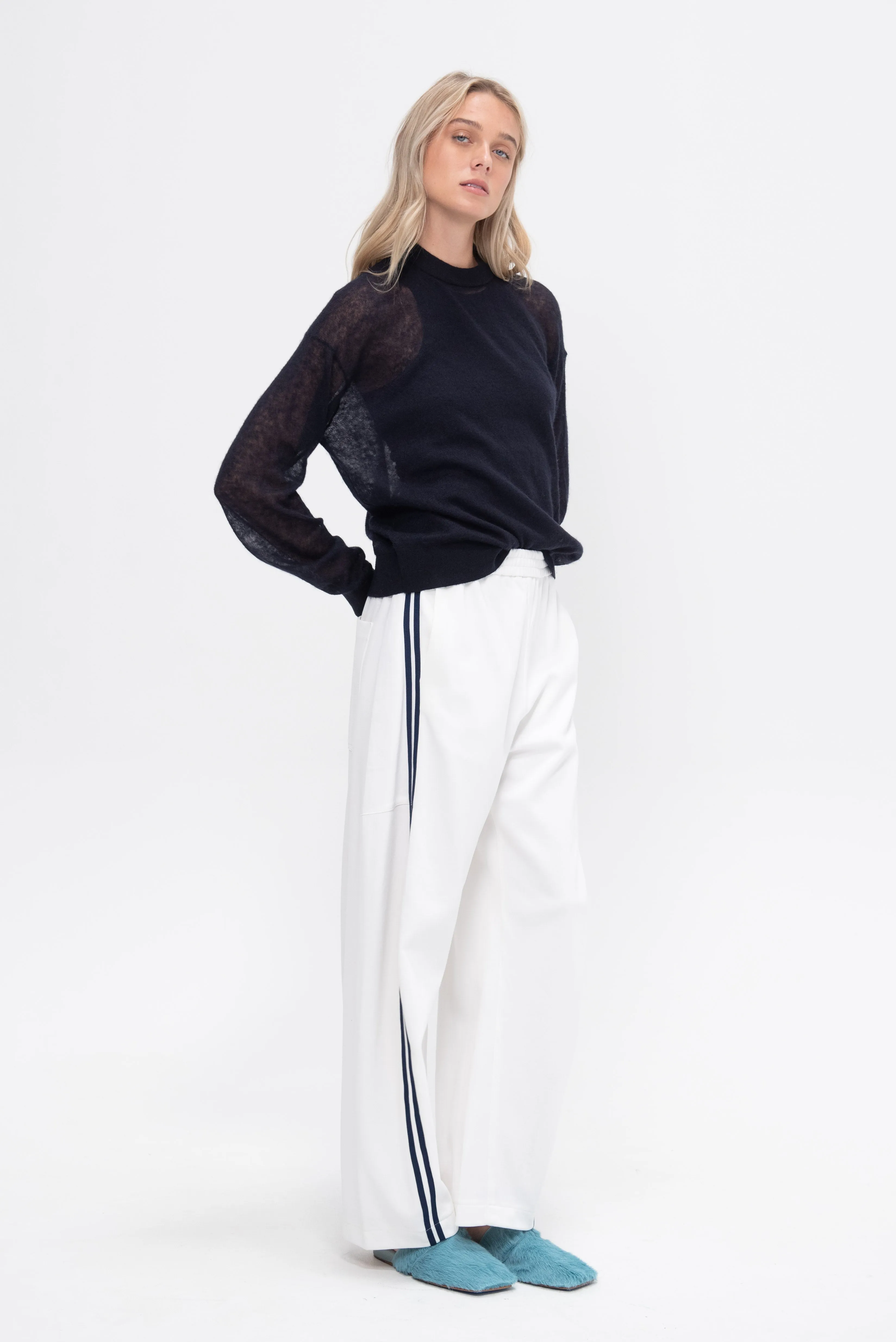 Sheer Sweater Crewneck Easy Pullover, Dark Navy