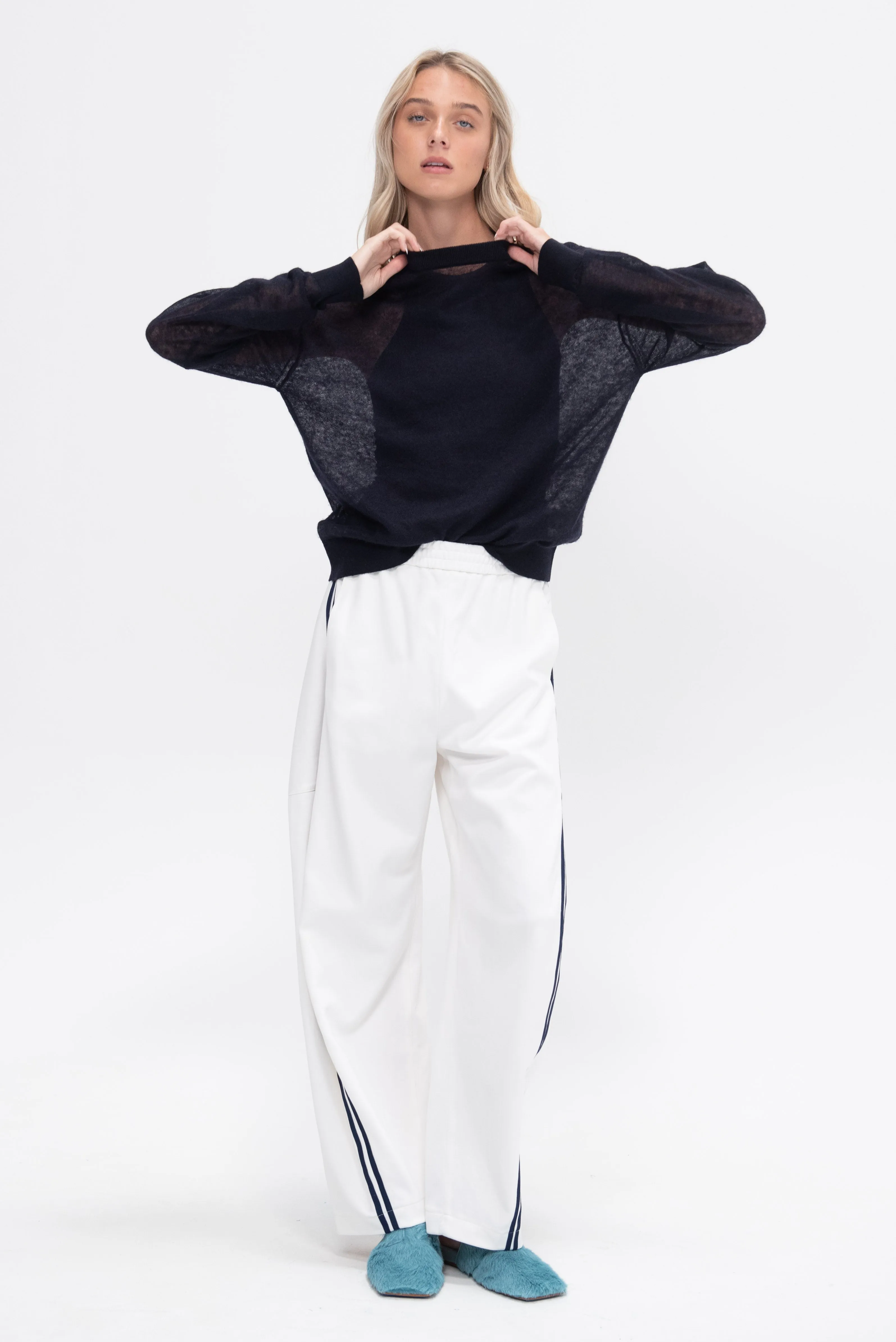 Sheer Sweater Crewneck Easy Pullover, Dark Navy