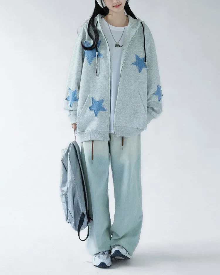 Star Patch Aesthetic Zip Up Hoodie